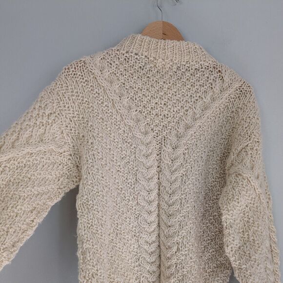 Cable Knit Wool Sweater Mens L Ivory Cream Fisherman Vintage Heavy Heritage - Picture 6 of 9